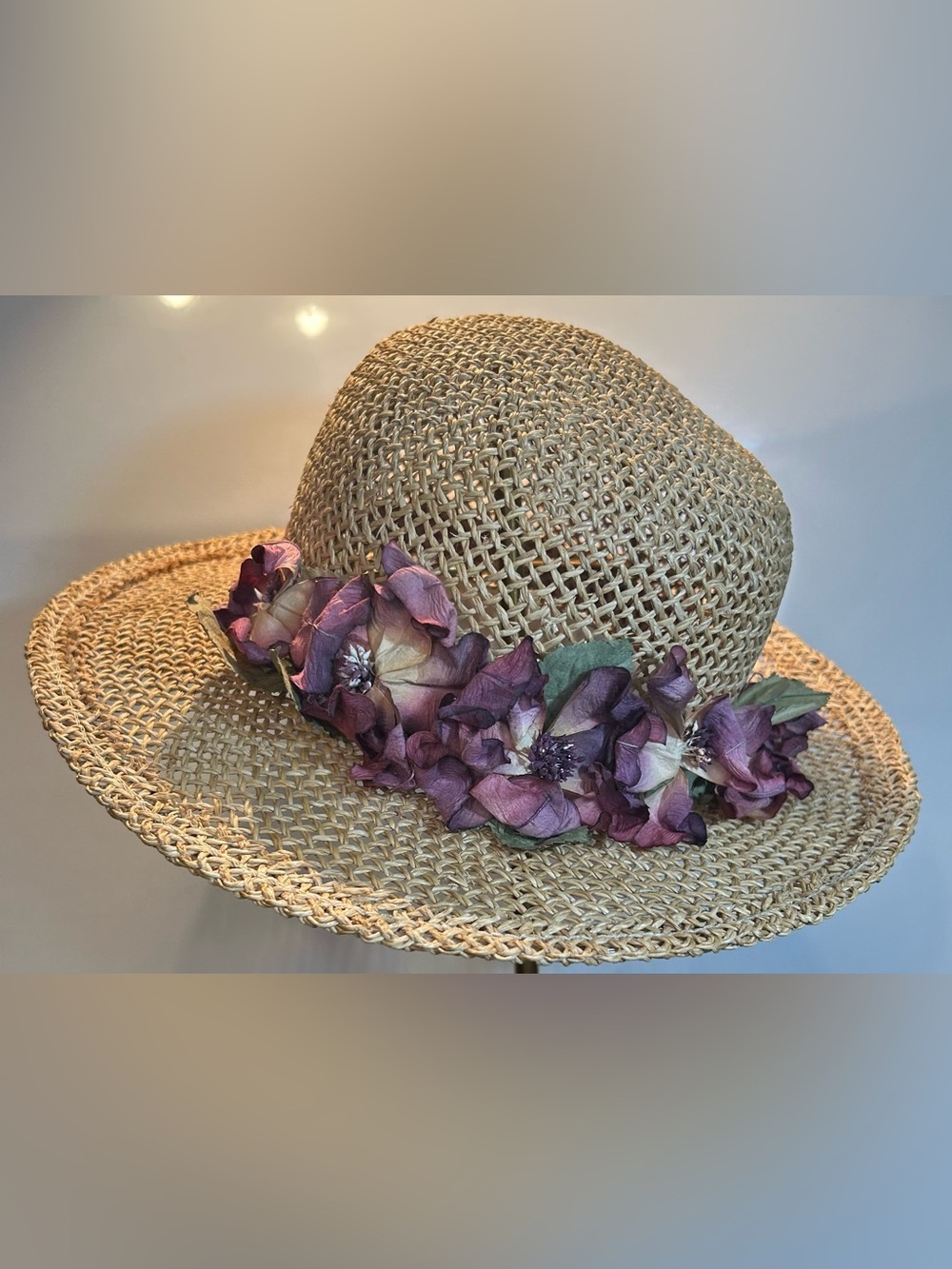 Vintage Natural Straw Hat with Purple Floral Trim Cottagecore